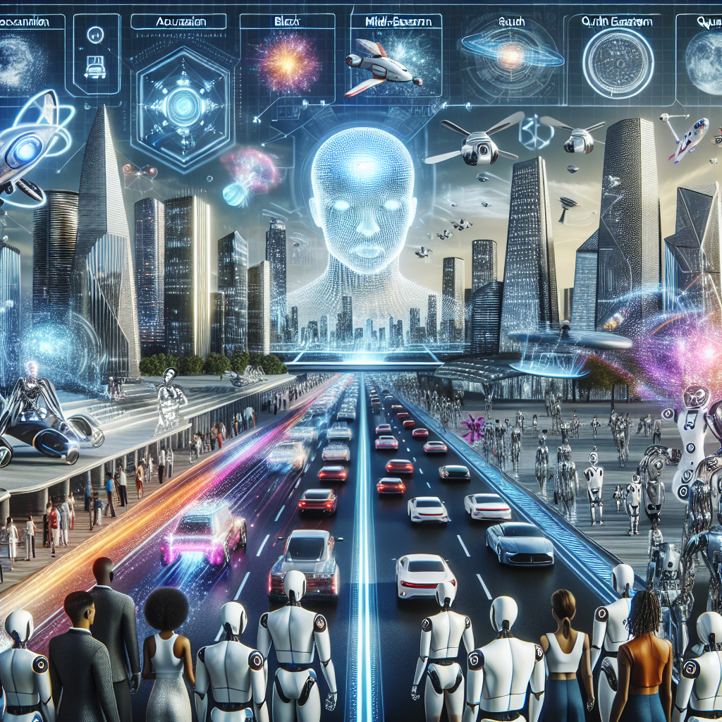 Illustration of the future of AI in 2030, showcasing advancements in machine learning, automation, and human-AI collaboration in various industries.